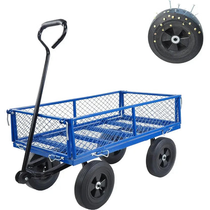 Heavy Duty Steel Wagon Cart, A Large-Capacity with a Load of 1100LBS, Detachable Sides - blue steel wagon cart