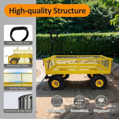 Heavy Duty Steel Garden Cart, Steel Mesh Lawn Cart with Removable Sides and 180° Rotating Smooth - durable structure