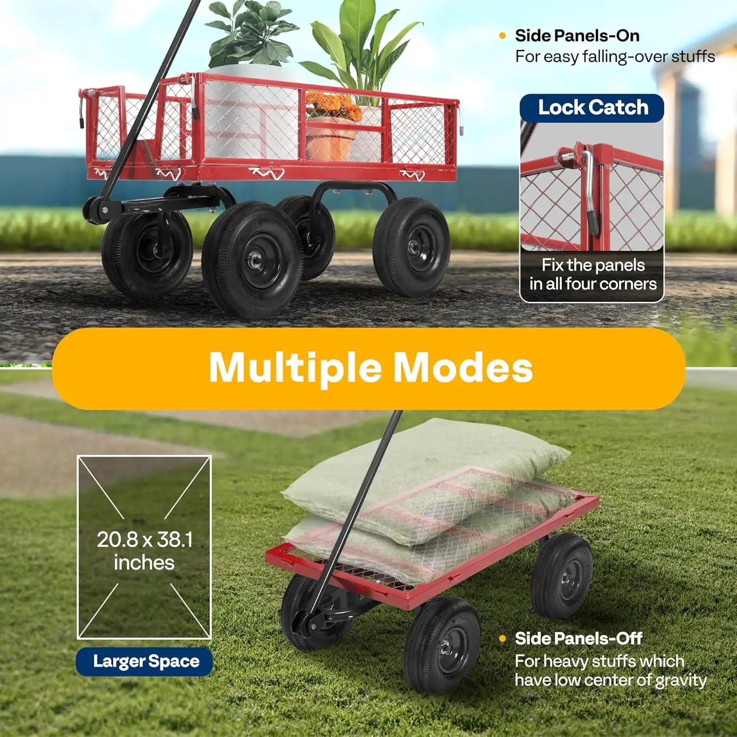 Heavy Duty Steel Garden Cart 880 lbs Capacity, 38" x 21" Folding Utility Wagon with 10 Inch Wheels - removable side panels