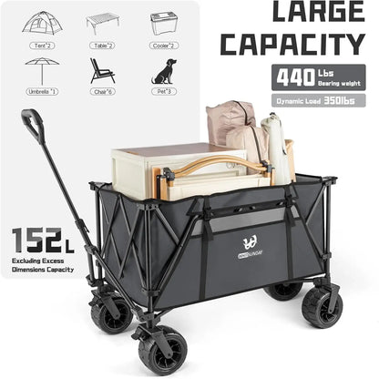 Collapsible Heavy Duty Wagon with All Terrian Wheels, 440Lbs Foldable Utility, Camping, Park Wagon Cart with Table & Shovel for Beach - heavy duty