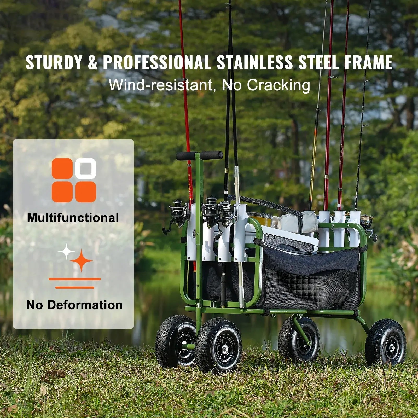 Foldable Fishing Cart, Marine Foldable Cart with (4 ) 11" Wheels, 8 Rod Holders, Pier Wagon Trolley for Sand, Picnic - stainless steel frame