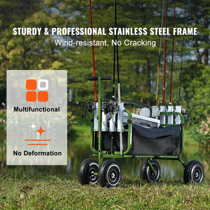 Foldable Fishing Cart, Marine Foldable Cart with (4 ) 11" Wheels, 8 Rod Holders, Pier Wagon Trolley for Sand, Picnic - stainless steel frame