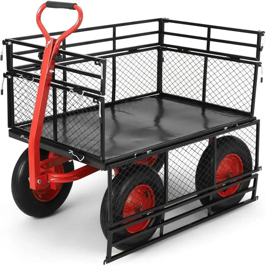 1400lbs Heavy Duty Steel Garden Cart, Heavy Duty Yard & Garden Wagon w Removable Mesh Sides, Utility Metal Wagon Convert into Flatbed