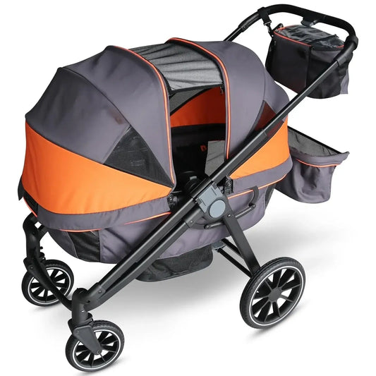 Double Seat Stroller Wagon – All-Terrain 2-in-1 Push & Pull Design, Double Seat, Large Storage, Adjustable Canopy, Removable Child Tray - angle view
