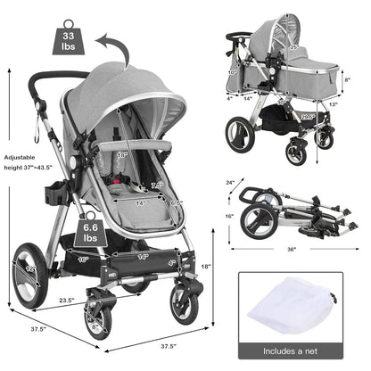 Baby Stroller, 2-in-1 Convertible Bassinet Reclining Stroller, Foldable Pram Carriage with 5-Point Harness, Including Cup Holde