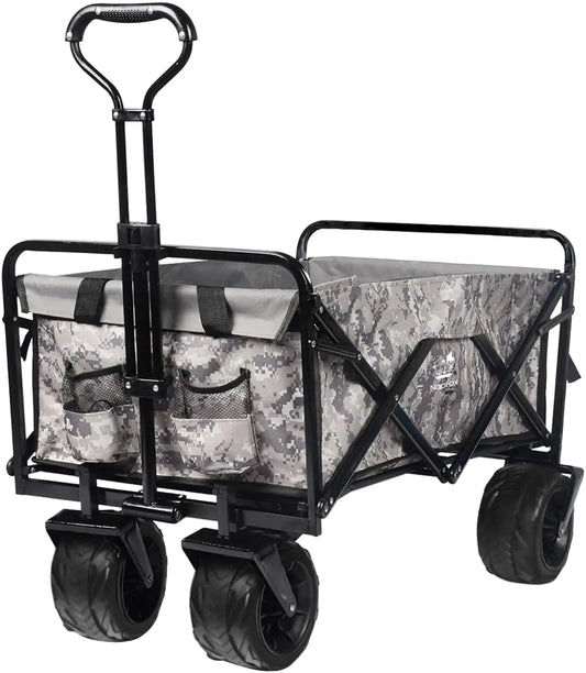 Camouflage-patterned wagon with black frame and wheels on a white background