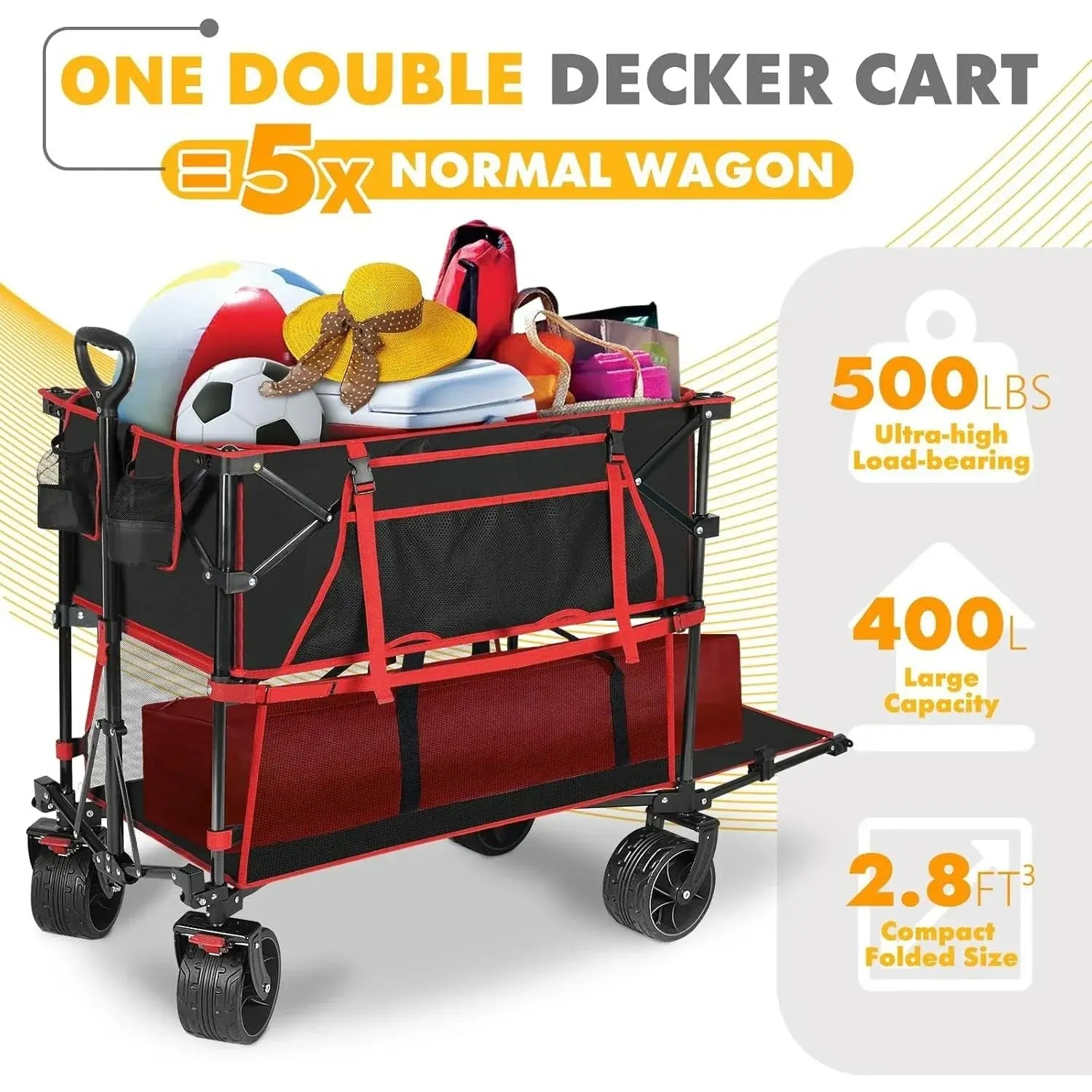 400L Large Capacity Folding Double Decker Wagon with Brakes, 50" Extra Long Extender Cart, 500lbs Heavy Duty Collapsible Wagons - 500 lbs capacity