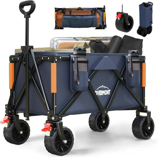 Collapsible Wagon Cart - All-Terrain 3.2in Wide Wheels - Foldable 150L Large Capacity with Side Pockets