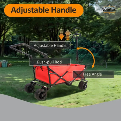 230 LBS Wide Wheel Garden, Park Cart, Red Collapsible Wagon, Steel Frame and 600D Oxford Cloth Picnic Cart - adjustable handle