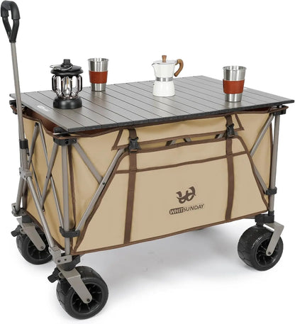 Collapsible Heavy Duty Wagon with All Terrain Wheel, 440LB Foldable Cart with Table for Beach or Camping