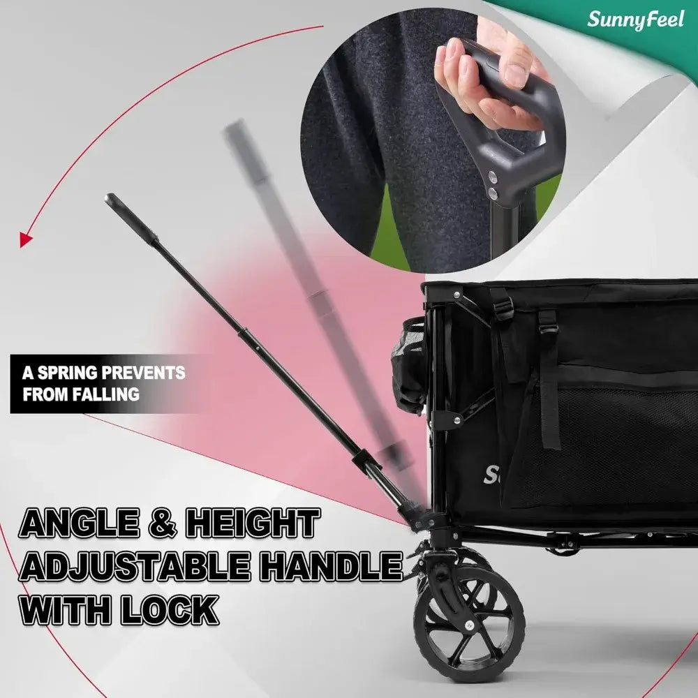 Heavy Duty Foldable Wagon Cart, Foldable with Wheels, Extra Long Fold Up Wagons Carts with Side Pocket and Brakes - adjustable handle with lock