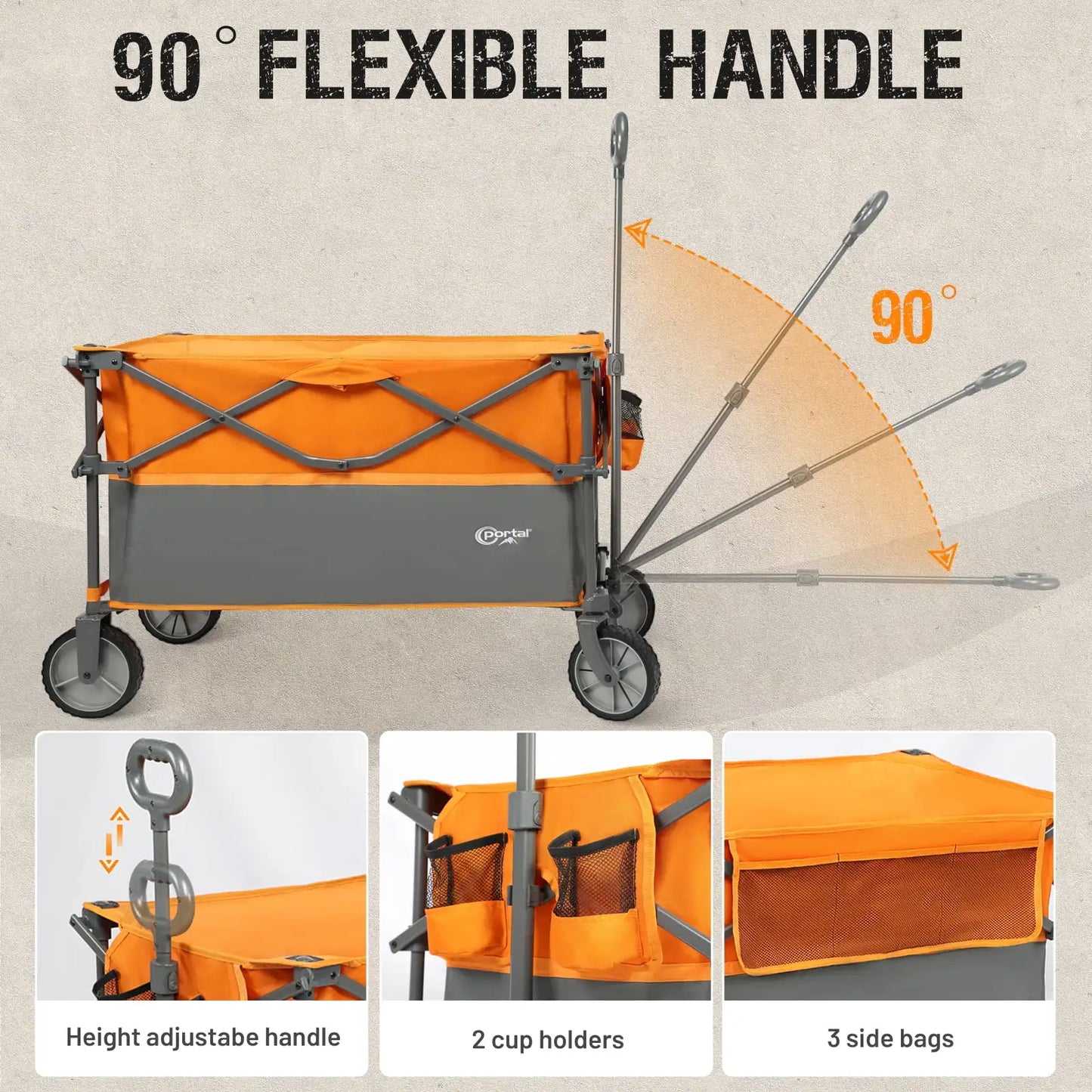 Collapsible Folding Garden Wagon, Utility Cart with Wheels, Cup Holder& Side Pocket, Orange