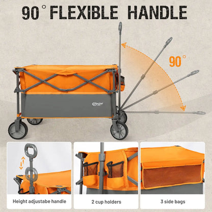 Collapsible Folding Garden Wagon, Utility Cart with Wheels, Cup Holder& Side Pocket, Orange