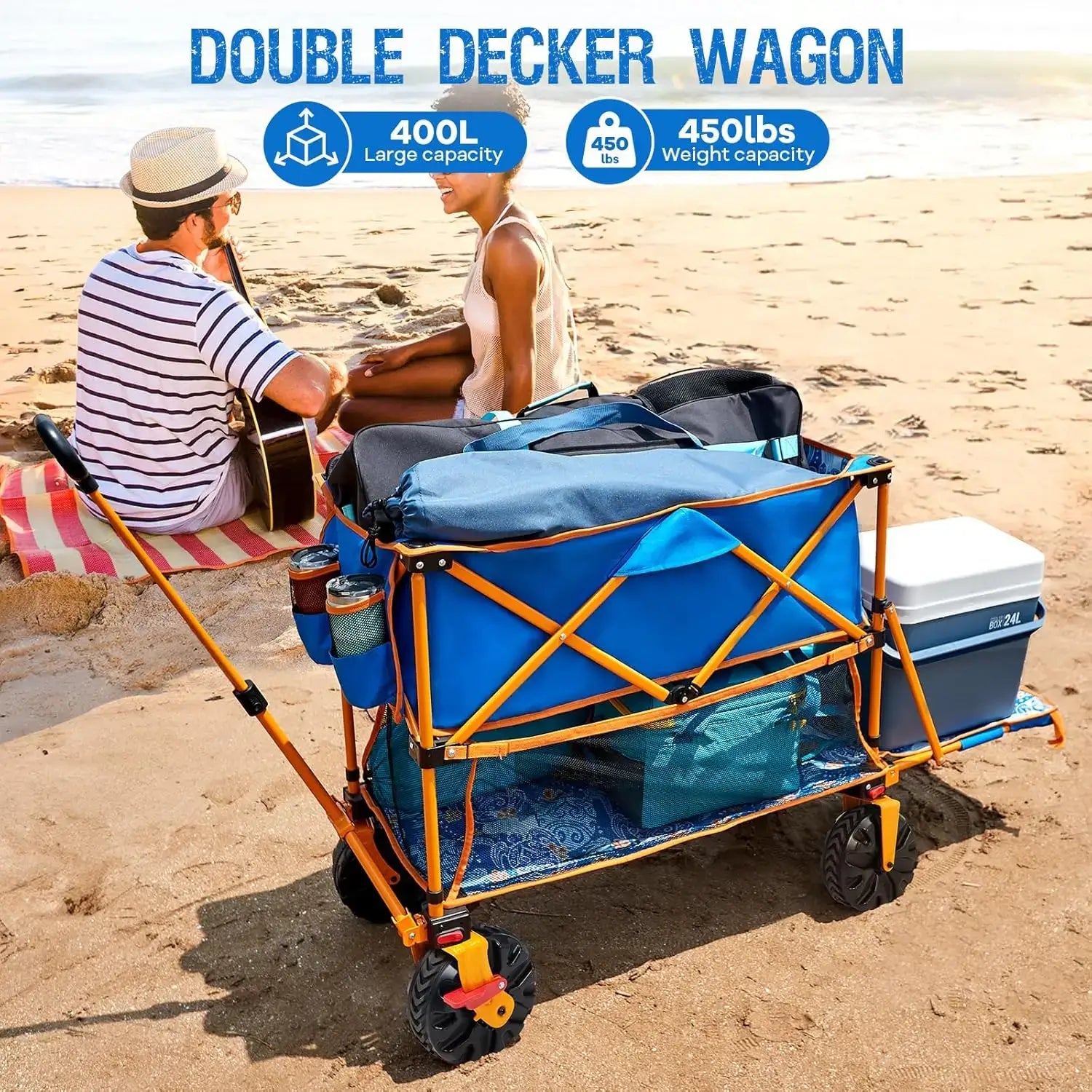 400L Collapsible Double Decker Beach Wagon with Brakes, Folding Beach Cart with 54" Extra Long Decker, 450LBS Heavy Duty Wagon - 450 lbs capacity