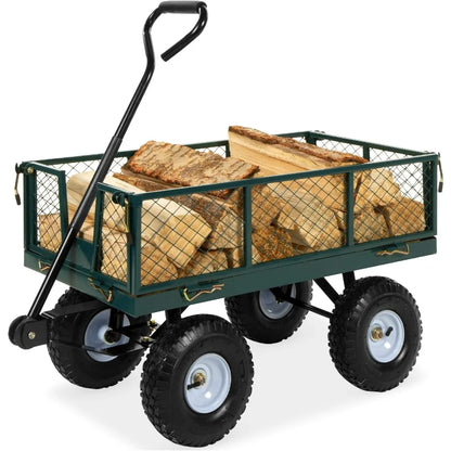 Heavy-Duty Steel, 400lb Weight Capacity Wagons, Removable Sides, Long Handle, 10in Tires - Green