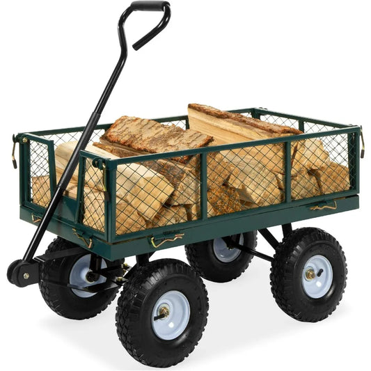 Heavy-Duty Steel, 400lb Weight Capacity Wagons, Removable Sides, Long Handle, 10in Tires - Green