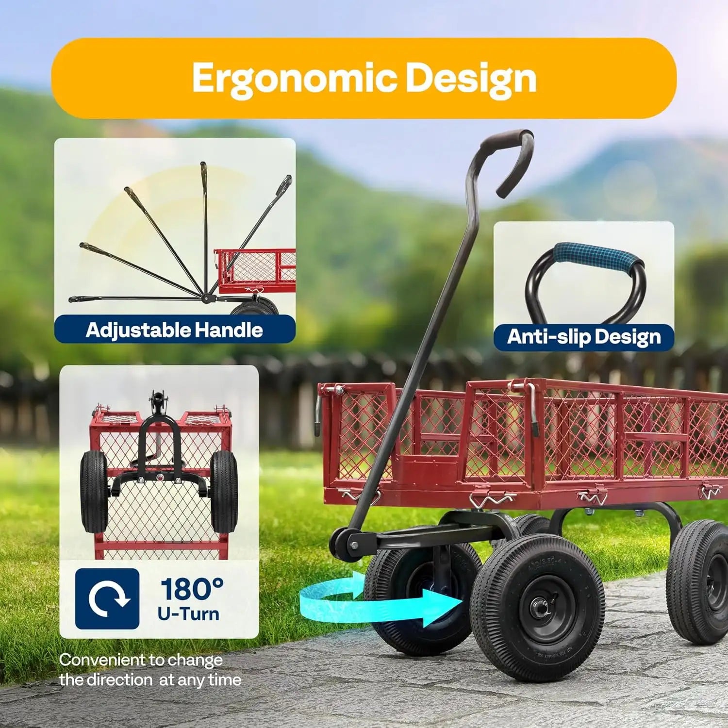 Heavy Duty Steel Garden Cart 880 lbs Capacity, 38" x 21" Folding Utility Wagon with 10 Inch Wheels - ergonomic design