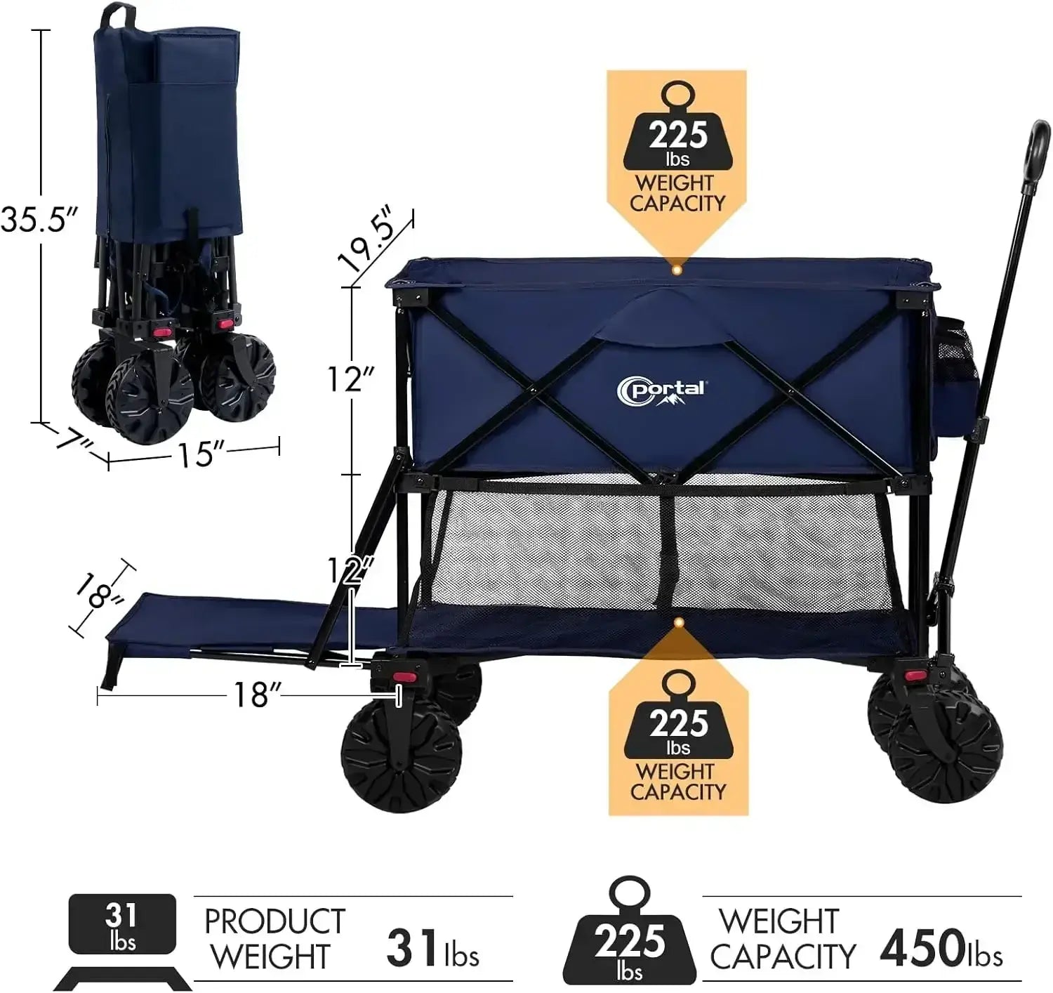 Collapsible Double Decker Wagon, Folding Wagon Cart with Tailgate, Beach Wagon with Big Wheels - product dimensions