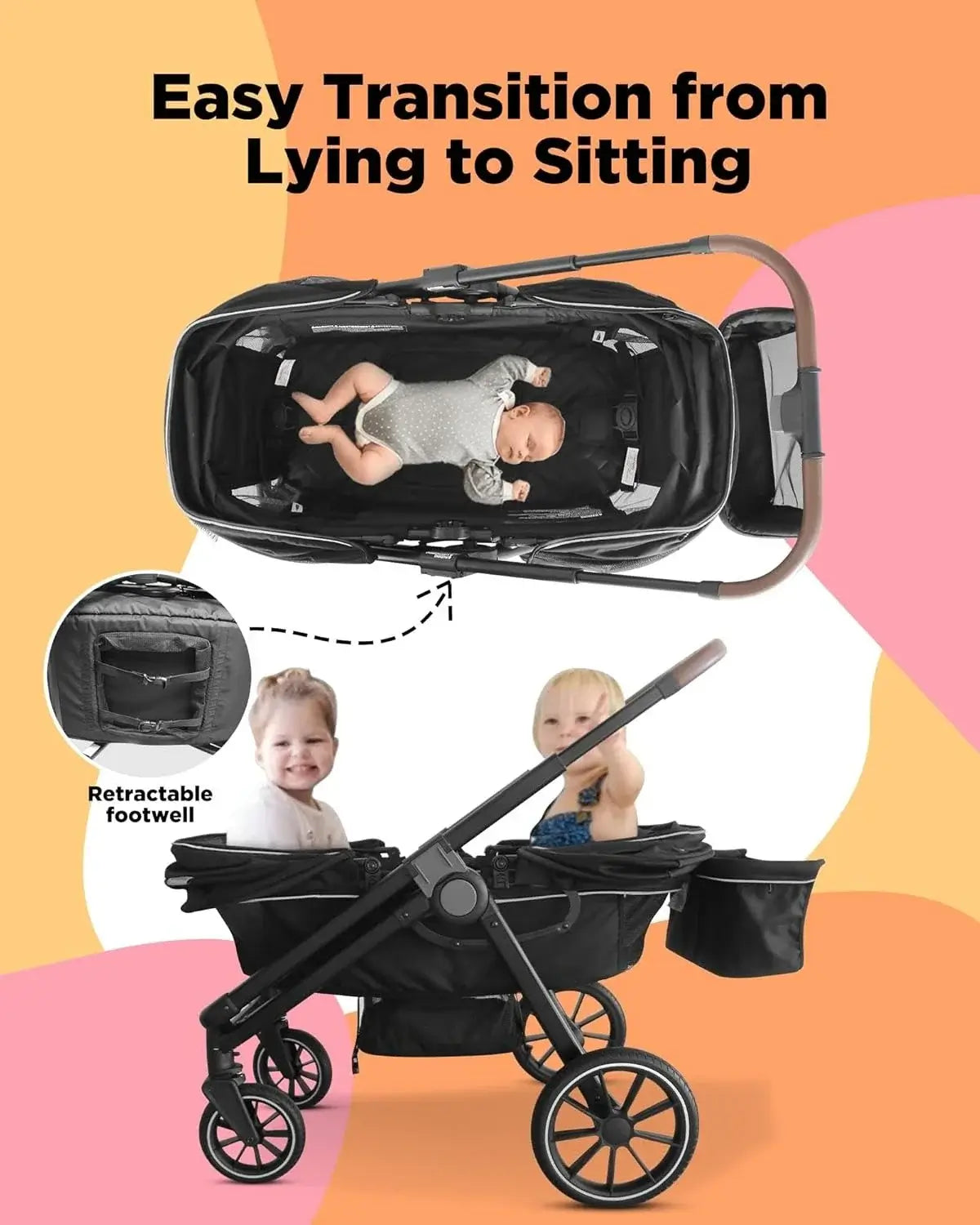 Double Seat Stroller Wagon – All-Terrain 2-in-1 Push & Pull Design, Double Seat, Large Storage, Adjustable Canopy, Removable Child Tray - easy transition