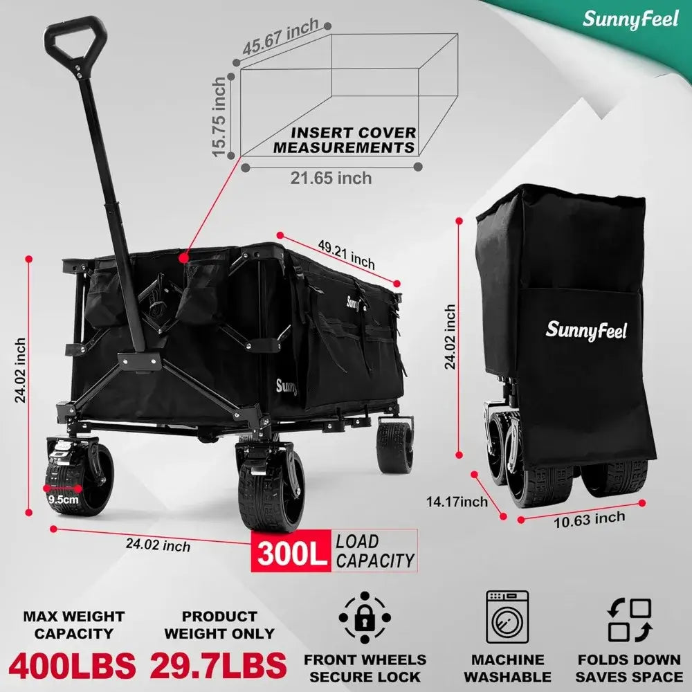 Heavy Duty Foldable Wagon Cart, Foldable with Wheels, Extra Long Fold Up Wagons Carts with Side Pocket and Brakes - product measurement