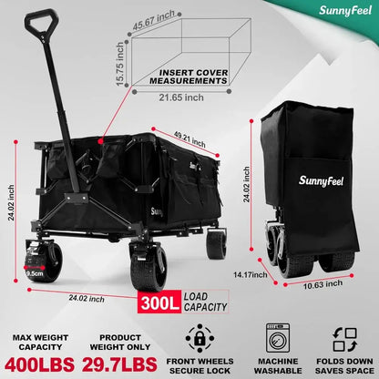 Heavy Duty Foldable Wagon Cart, Foldable with Wheels, Extra Long Fold Up Wagons Carts with Side Pocket and Brakes - product measurement