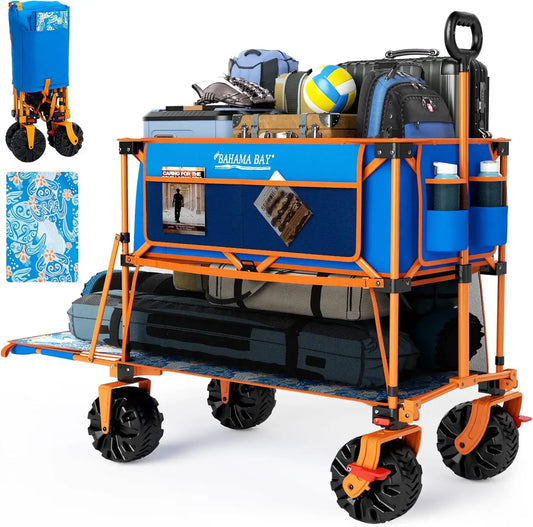 400L Collapsible Double Decker Beach Wagon with Brakes, Folding Beach Cart with 54" Extra Long Decker, 450LBS Heavy Duty Wagon - extra storage space