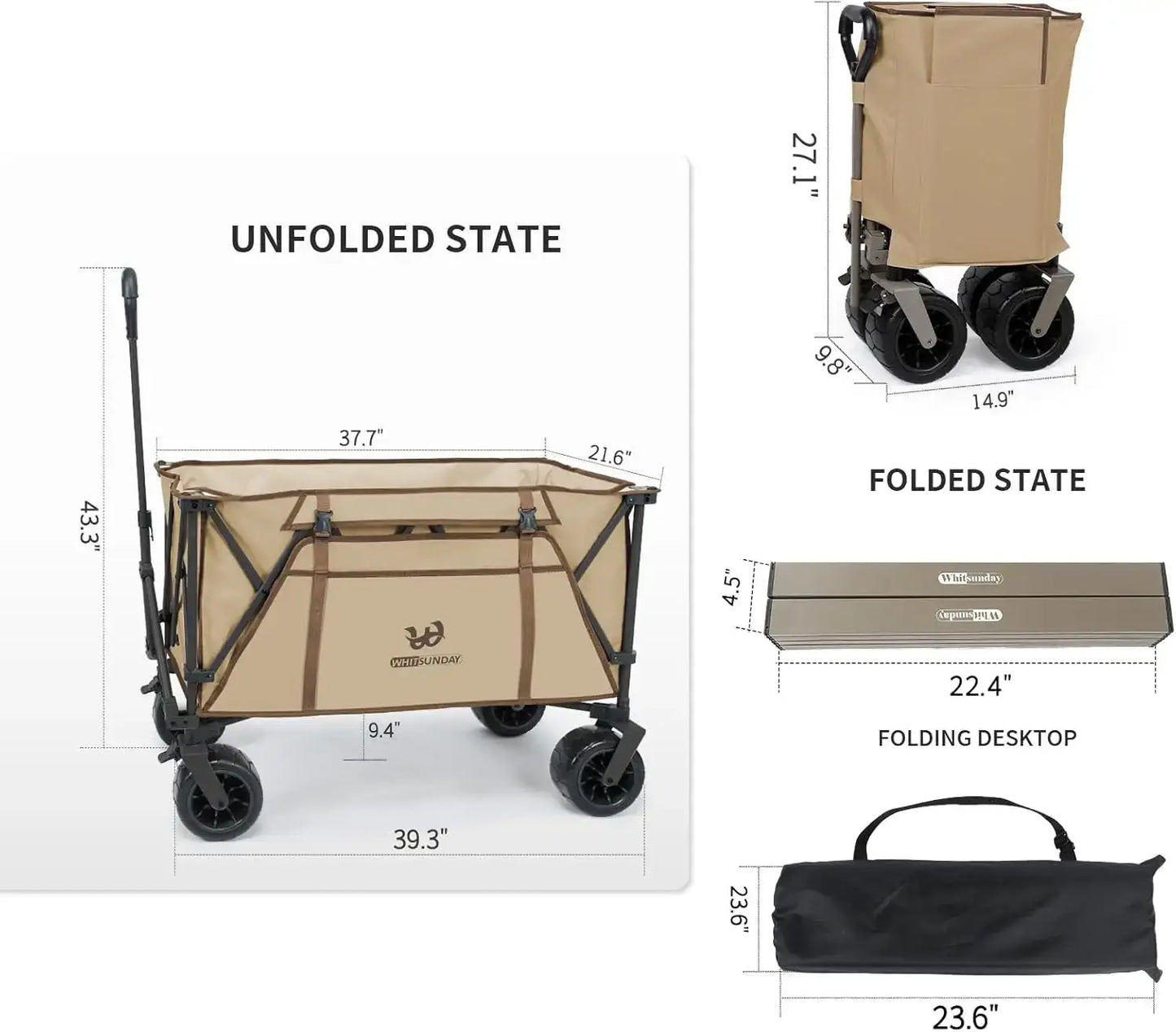 Collapsible Heavy Duty Wagon with All Terrian Wheels, 440Lbs Foldable Utility, Camping, Park Wagon Cart with Table & Shovel for Beach - product dimensions