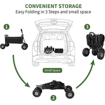 Fishing Cart, Collapsible Wagon with 11” All Terrain Big Wheels, Heavy-Duty Fishing Cart with 6 Rod Holders and Storage Pockets - convenient storage
