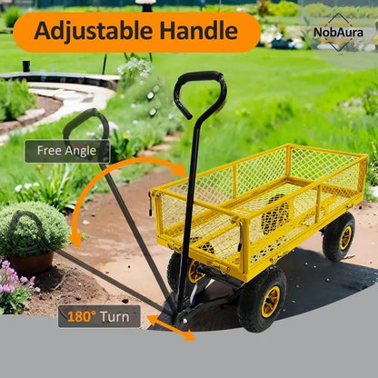 Heavy Duty Steel Garden Cart, Steel Mesh Lawn Cart with Removable Sides and 180° Rotating Smooth - adjustable handle