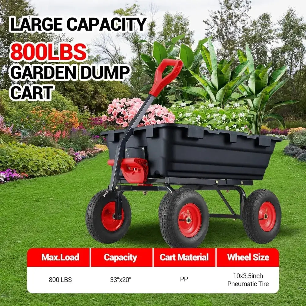 Heavy Duty Garden Dump Cart, Collapsible, w/Wood Roll Top, Adjustable Handle, Drop-Gate, All-Terrain Wheels, Heavy-Duty Folding Frame - 800 lbs large capacity