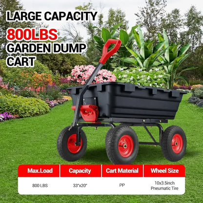 Heavy Duty Garden Dump Cart, Collapsible, w/Wood Roll Top, Adjustable Handle, Drop-Gate, All-Terrain Wheels, Heavy-Duty Folding Frame - 800 lbs large capacity
