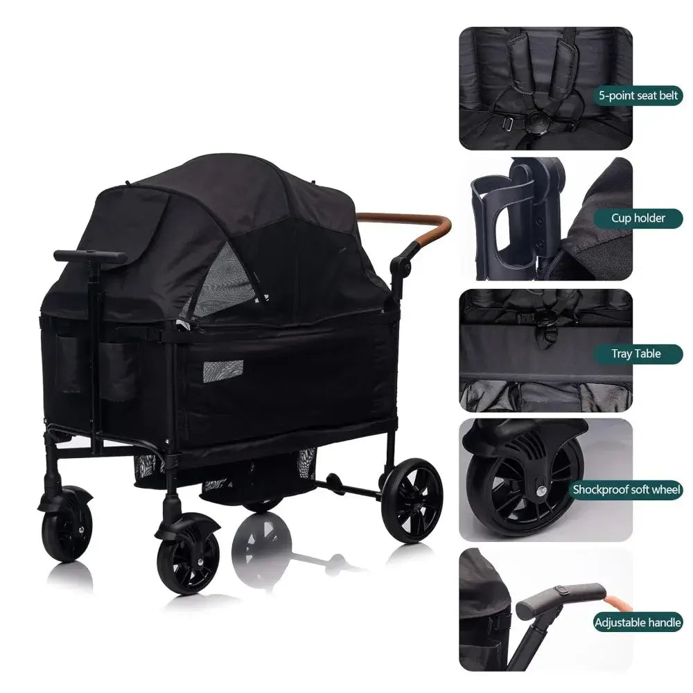 Double Wagon Stroller for 2 Kids & Cargo, Travel Stroller Push-Pull Double Wagon, Lightweight Folding Stroller - 5 points safety seat belt