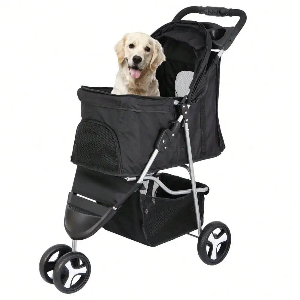 Dog Stroller 3 Wheels Pet Stroller Foldable Dog Cat Carrier Strolling w/Cup Hold