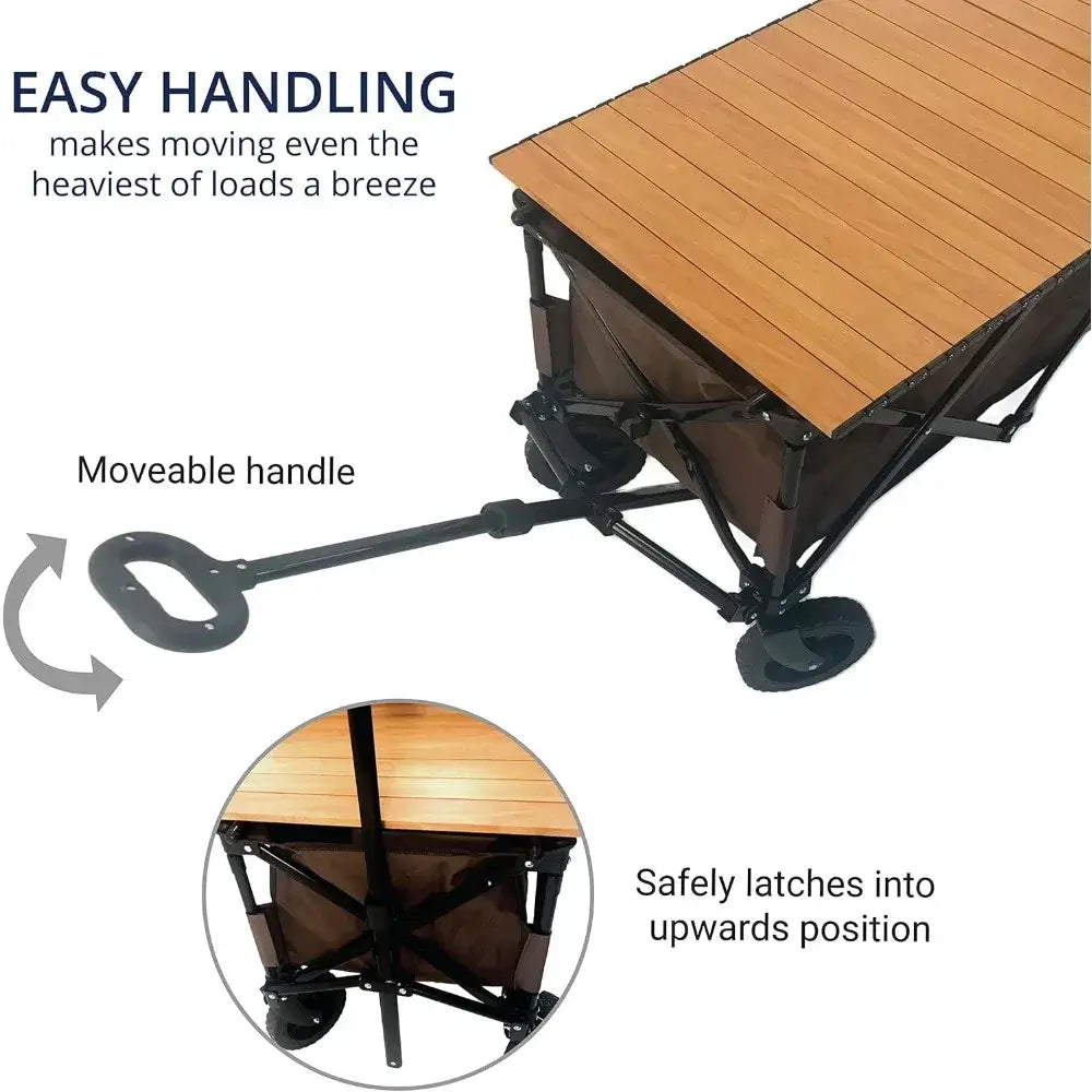Utility Collapsible Wagon, Garden Cart, w/Wood Roll Top, Adjustable Handle, Drop-Gate, All-Terrain Wheels, Heavy-Duty Folding Frame - adjustable handle