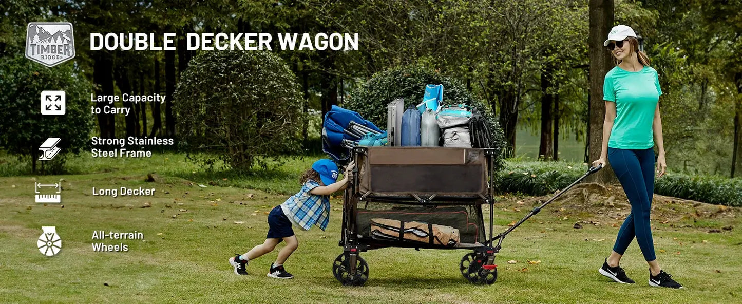 400L Large Capacity Folding Double Decker Wagon with Brakes, 54" Extra Long Extender Wagon Cart, 450lbs Heavy Duty Collapsible Cart - stainless steel frame