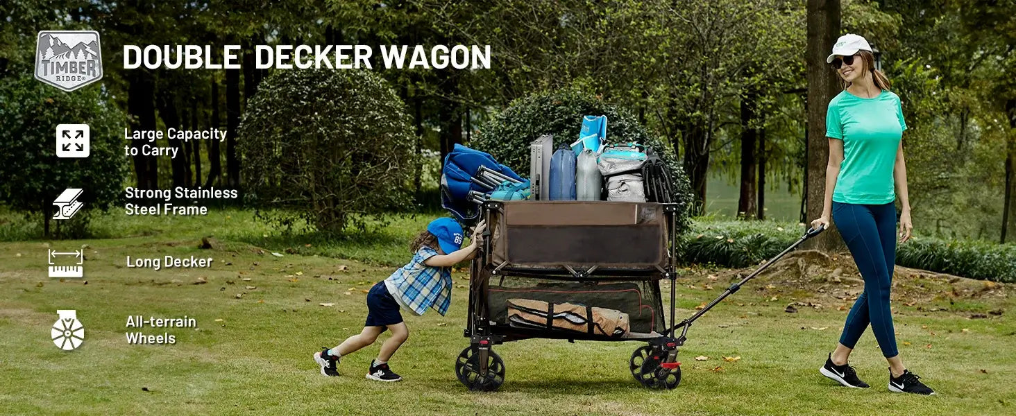 400L Large Capacity Folding Double Decker Wagon with Brakes, 54" Extra Long Extender Wagon Cart, 450lbs Heavy Duty Collapsible Cart - stainless steel frame
