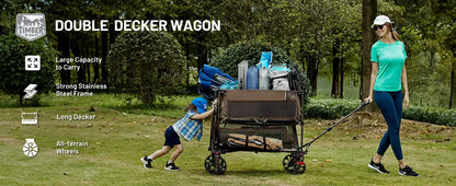 400L Large Capacity Folding Double Decker Wagon with Brakes, 54" Extra Long Extender Wagon Cart, 450lbs Heavy Duty Collapsible Cart - stainless steel frame