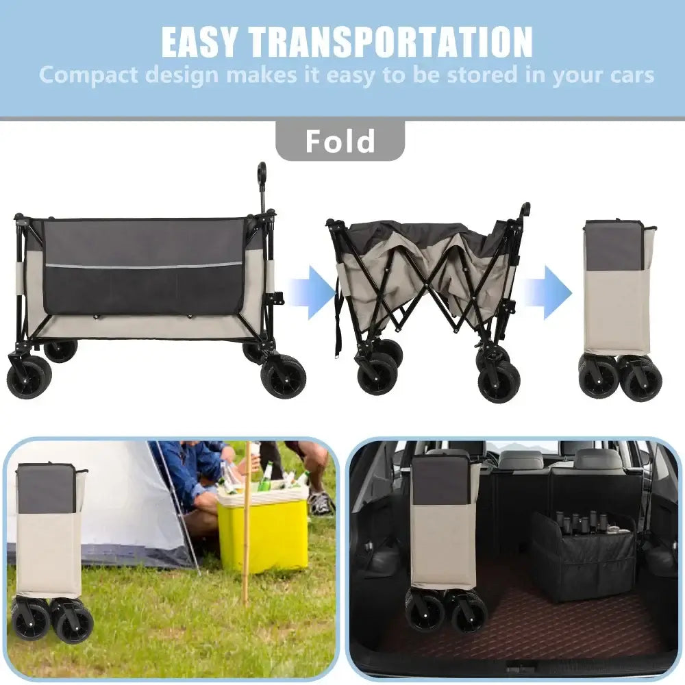 Extra large 300L, Tall Heavy-Duty Folding Wagon Cart with 480lbs Capacity, All-Terrain Wheels, Brakes, for Camping, Beach, Khaki- Gray - foldable compact design