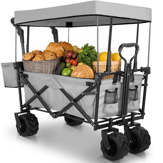 262L Collapsible Wagon cart with Removable Canopy, 115kg Capacity Push & Pull Utility Cart 600D Oxfort, Off-road wheel
