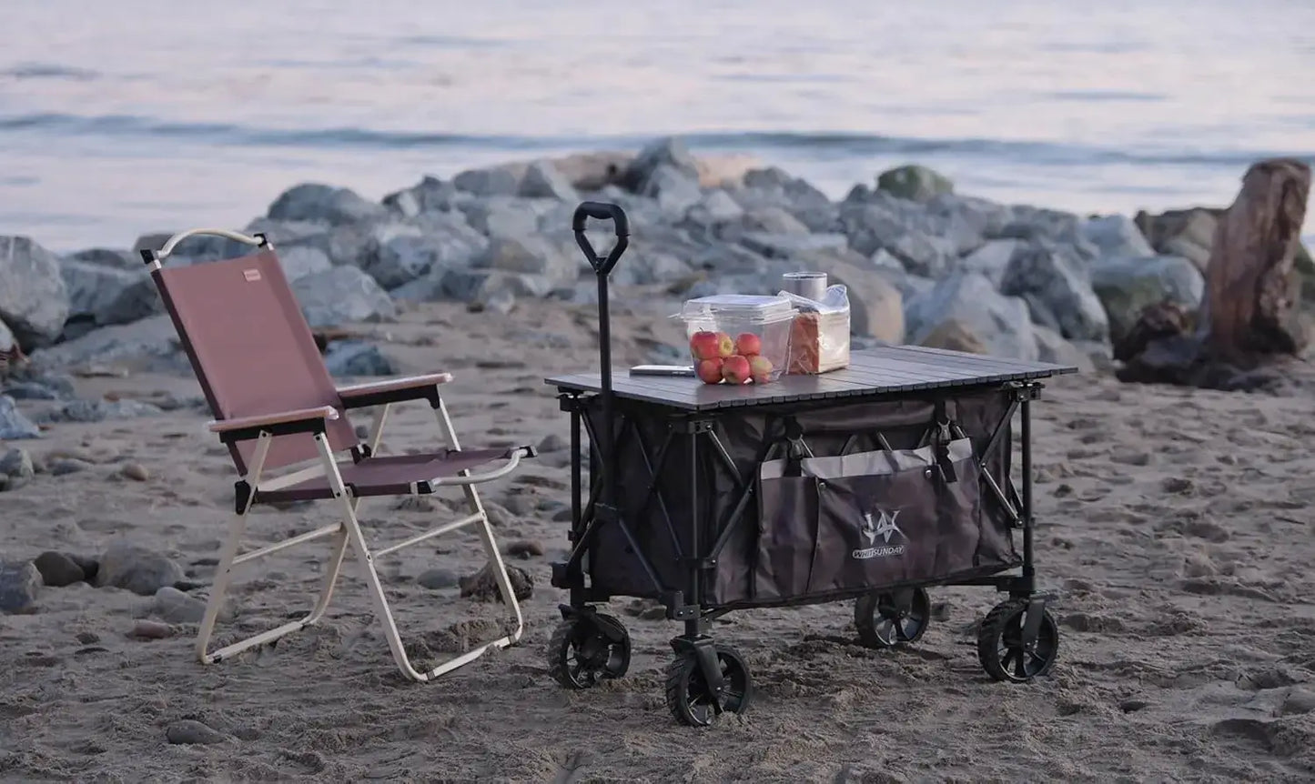 Folding Collapsible Utility Wagon, 400Lbs Heavy Duty Outdoor, Park ,Beach Wagon with Table and Side Pocket for Garden, Camping, Sports - dual bearing brakes