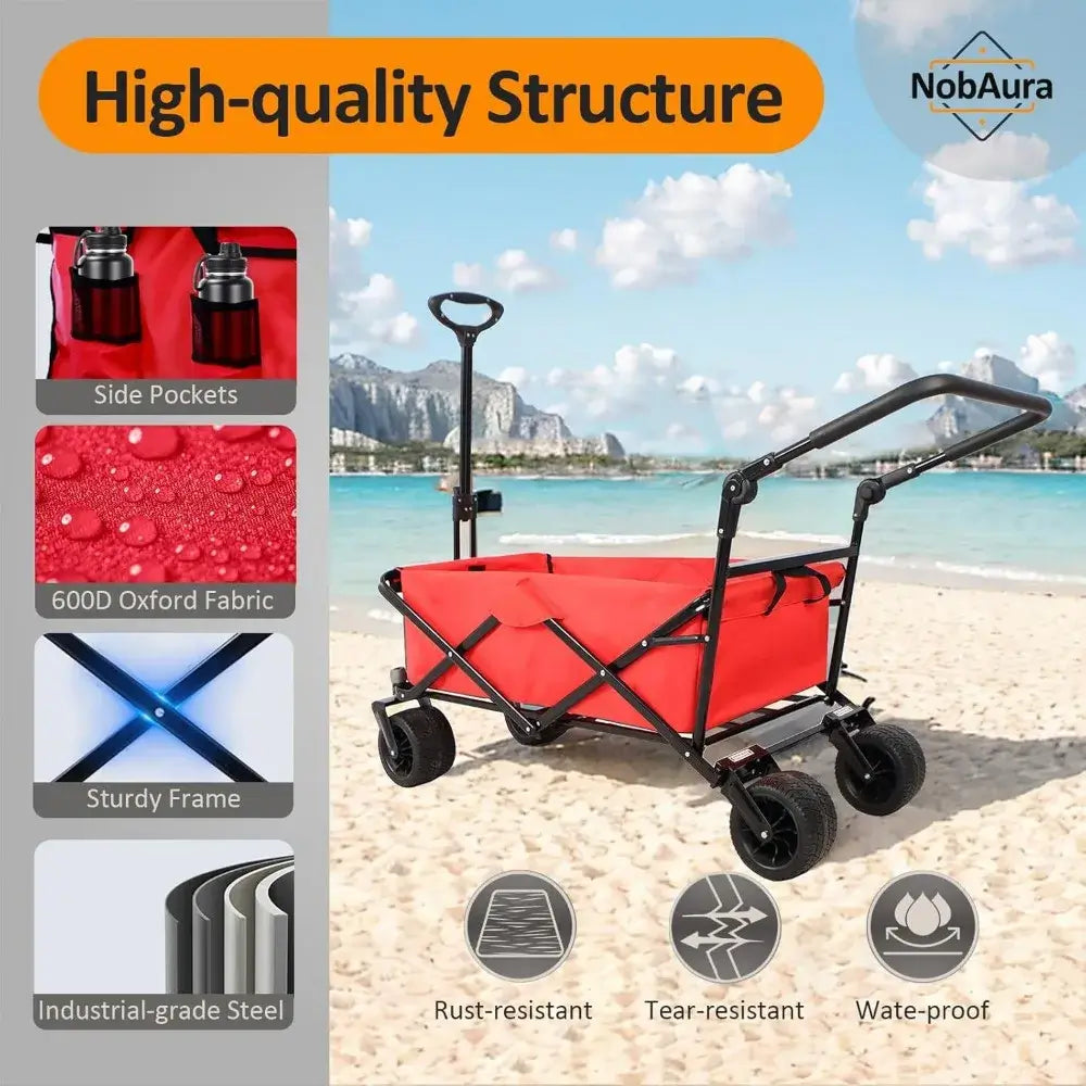 230 LBS Wide Wheel Garden, Park Cart, Red Collapsible Wagon, Steel Frame and 600D Oxford Cloth Picnic Cart - quality structure
