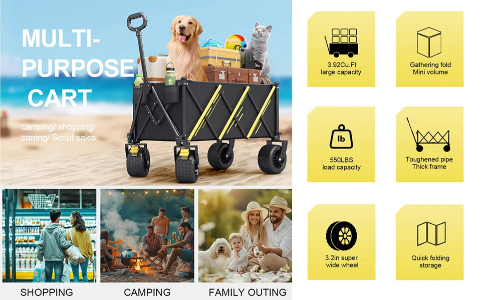 Foldable Wagon - Heavy Duty Garden cart with Large All-Terrain Wheels