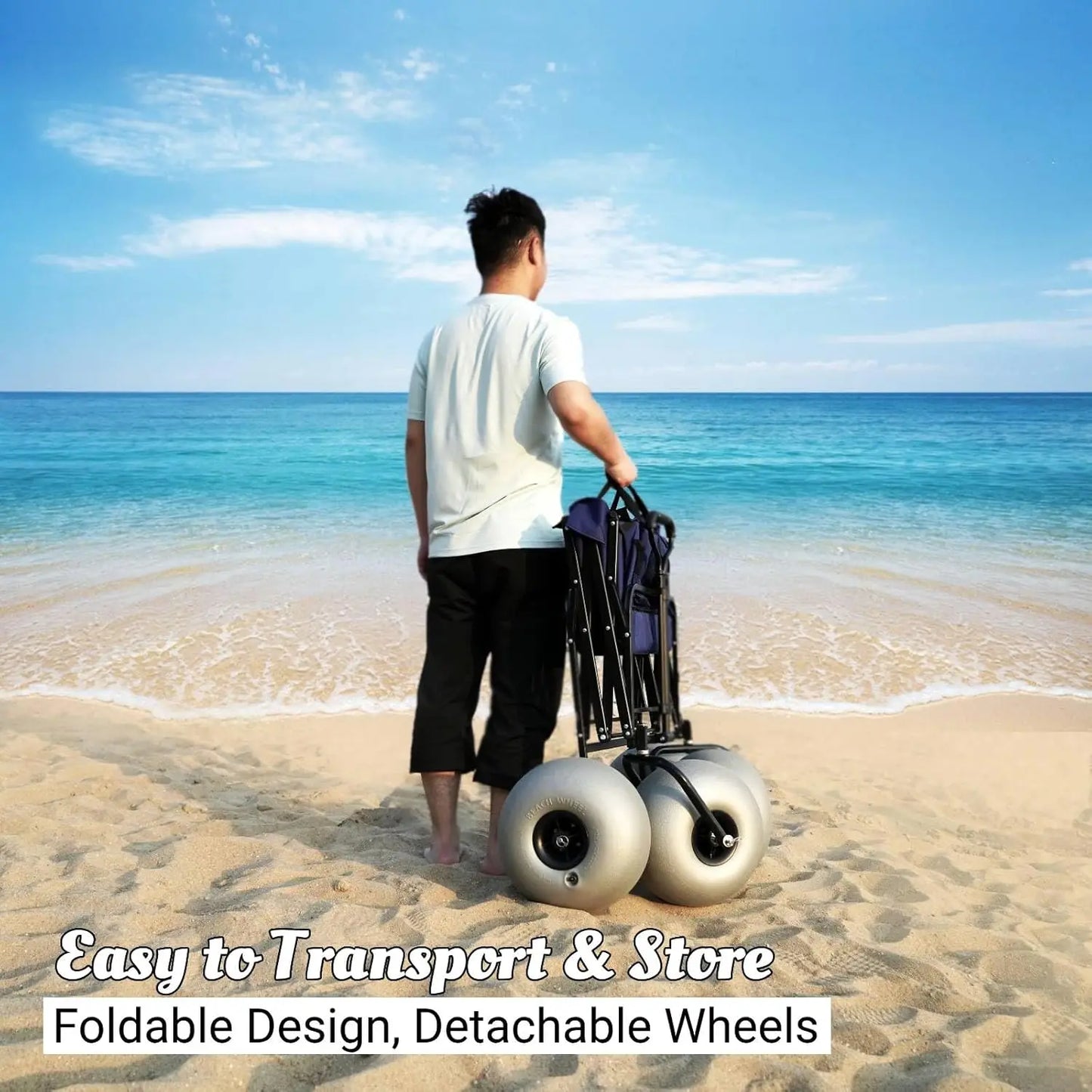 Beach Wagon with 13'' Balloon Wheels, Heavy Duty, All-Terrain, Collapsible Cart with Big Wheels for Sand, Pump Included