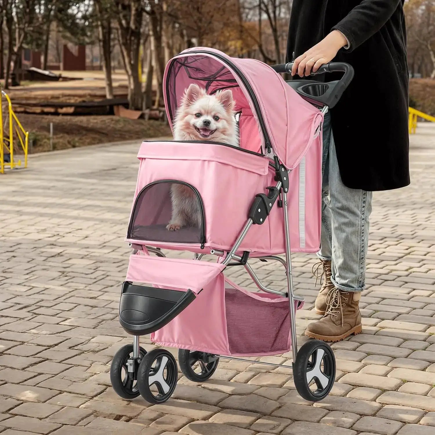 3-Wheels Foldable Pet Stroller with Waterproof Cover - with Storage