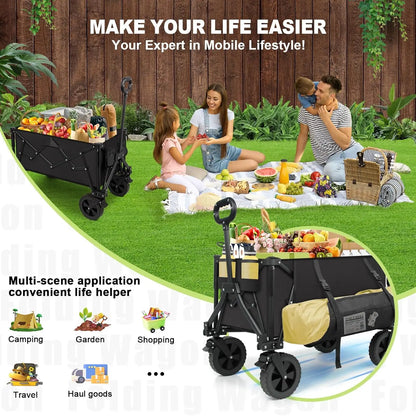 Foldable Wagons Carts, Collapsible Utility Cart, 300lbs, 130L with Side Pocket and Brakes