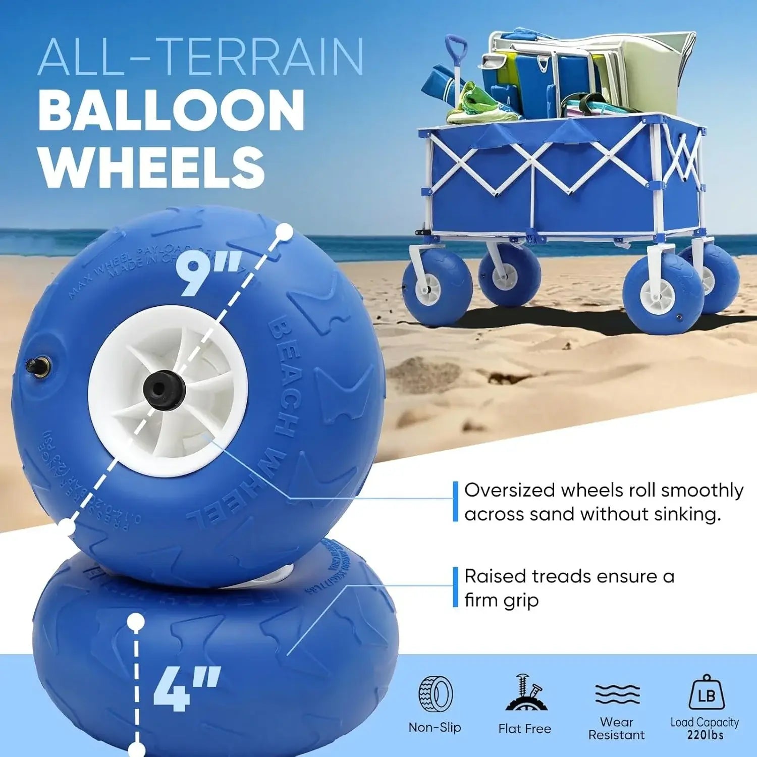 Heavy Duty Beach Wagon with 9" Wheels - All-Terrain Balloon Wheels