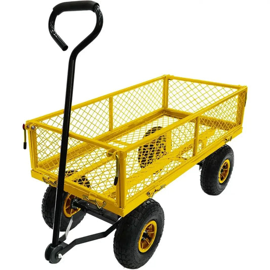 Heavy Duty Steel Garden Cart, Steel Mesh Lawn Cart with Removable Sides and 180° Rotating Smooth