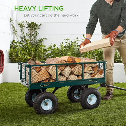 Heavy-Duty Steel, 400lb Weight Capacity Wagons, Removable Sides, Long Handle, 10in Tires - Green