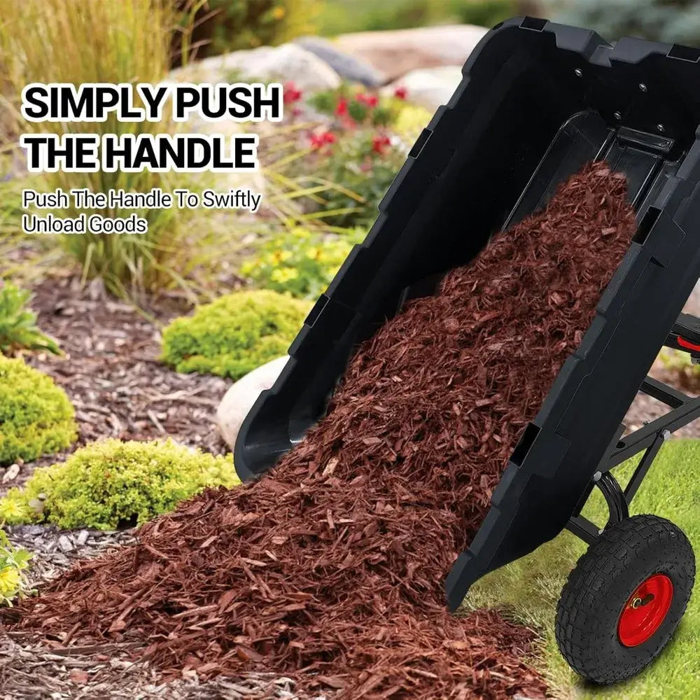 Heavy Duty Garden Dump Cart, Collapsible, w/Wood Roll Top, Adjustable Handle, Drop-Gate, All-Terrain Wheels, Heavy-Duty Folding Frame - easy to unload cart