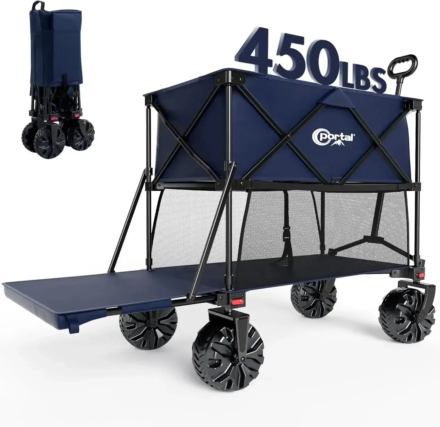 Collapsible Double Decker Wagon, Folding Wagon Cart with Tailgate, Beach Wagon with Big Wheels - compact and quick set up